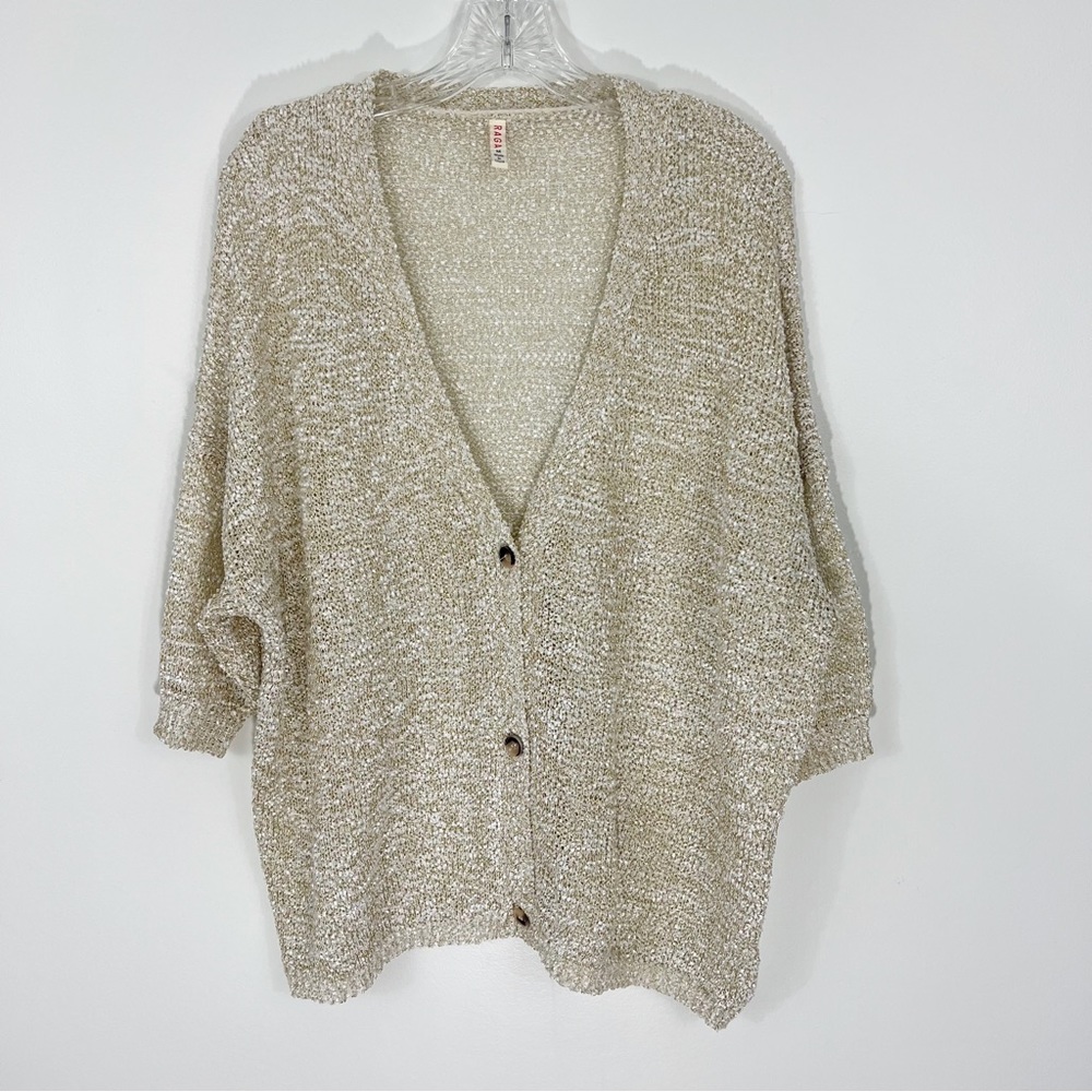 Raga Metallic Button Down Cardigan Sweater Beige Size Medium - Picture 2 of 7